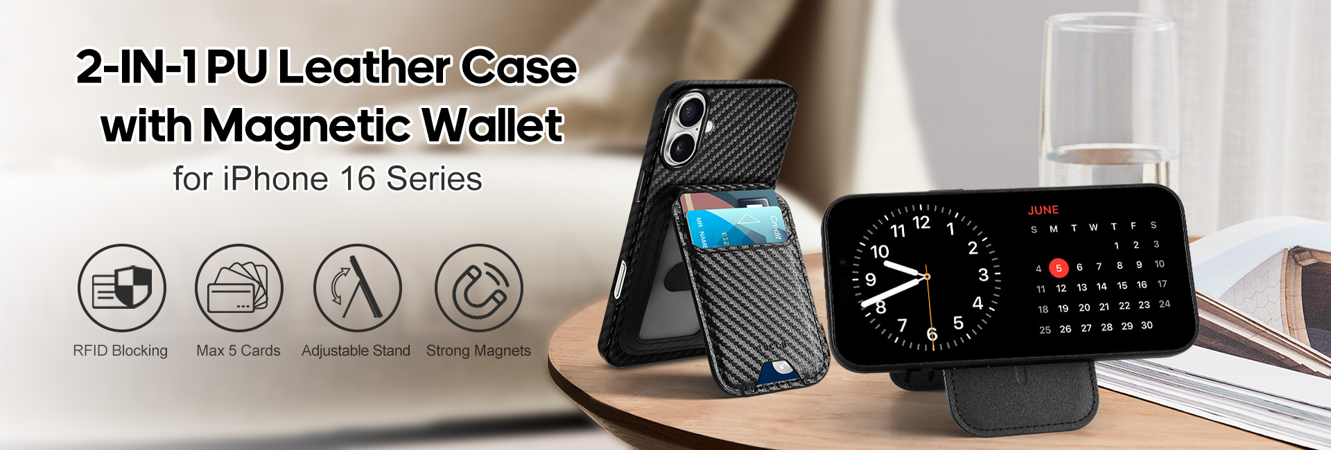 TUCCH iPhone 16 Leather Case with Magnetic Wallet/Card Holder