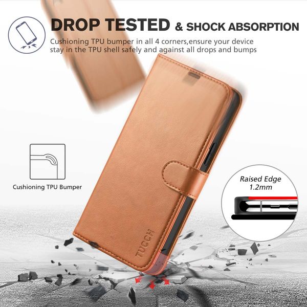 TUCCH iPhone 13 Pro Max Wallet Case, iPhone 13 Max Pro Book Folio Flip  Kickstand With Magnetic Clasp-Light Brown