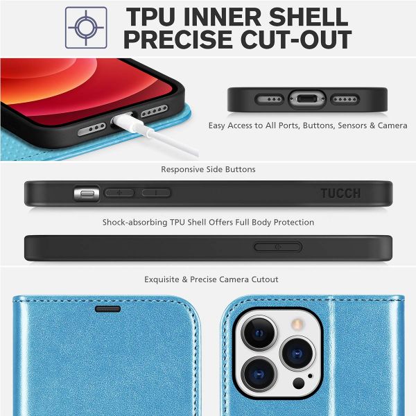 TUCCH iPhone 13 Pro Wallet Case, iPhone 13 Pro Book Folio Flip Kickstand  With Magnetic Clasp-Shiny Light Blue