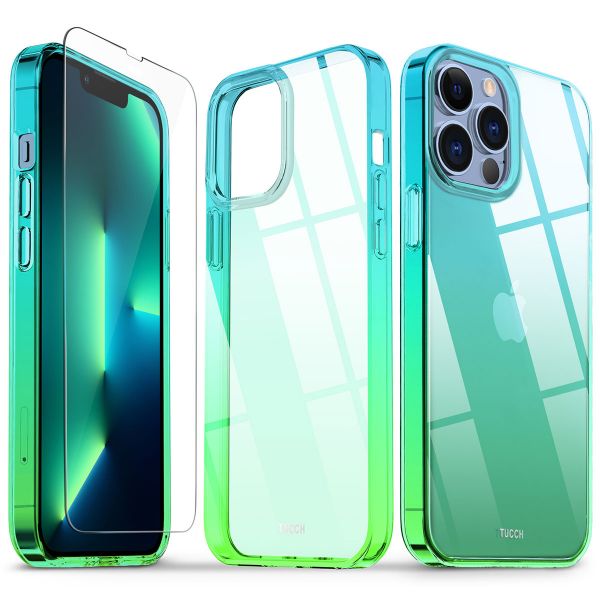 Tucch Iphone 13 Pro Max Clear Case Iphone 13 Pro Max 5g Tpu Case With Glass Screen Protector Scratchproof Shockproof Slim Crystal Clear Case Blue Green