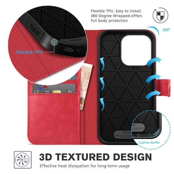 TUCCH iPhone 14 Pro Max Wallet Case, iPhone 14 Max Pro Book Folio Flip  Kickstand Cover With Magnetic Clasp-Red