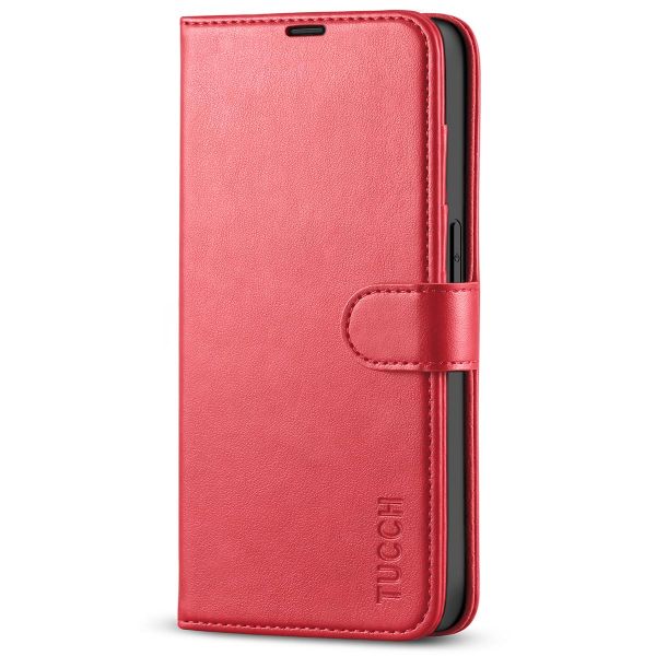 SHIELDON iPhone 14 Pro Max Wallet Case, iPhone 14 Pro Max Genuine Leather  Folio Cover - Red - Litchi Pattern