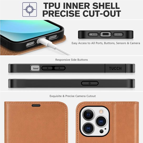 TUCCH iPhone 14 Pro Max Wallet Case, iPhone 14 Max Pro Book Folio Flip  Kickstand Cover With Magnetic Clasp-Light Brown