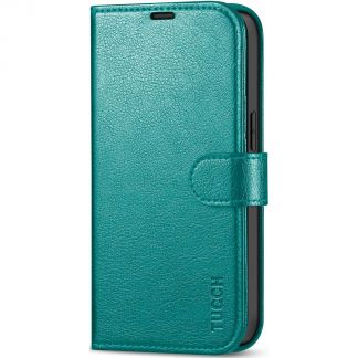 TUCCH iPhone 13 Wallet Case, iPhone 13 Book Folio Flip Kickstand With Magnetic Clasp-Full Grain Cyan