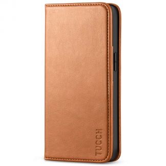 TUCCH iPhone 13 Wallet Case, iPhone 13 Flip Cover With Kickstand, Card Slots, Magnetic Closure-Light Brown