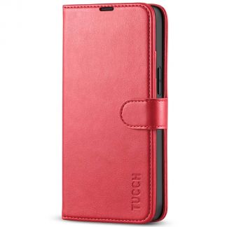 TUCCH iPhone 13 Mini Leather Wallet Case Folio Flip Book Full Protection Cover With Kickstand, Card Slots and Magnetic Clasp-Red