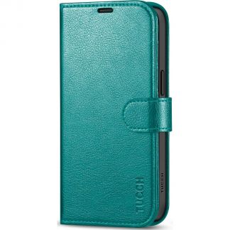 TUCCH iPhone 15 Leather Wallet Case, iPhone 15 Flip Case with Magnetic Clasp - Full Grain Cyan