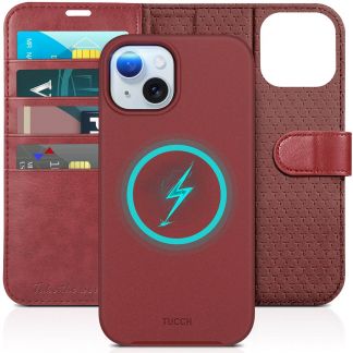 TUCCH iPhone 15 Magnetic Detachable Wallet Case, iPhone 15 Magsafe Compatible Leather Case - Dark Red