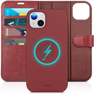 TUCCH iPhone 15 Plus Magnetic Detachable Wallet Case, iPhone 15 Plus 2IN1 Leather Case - Dark Red