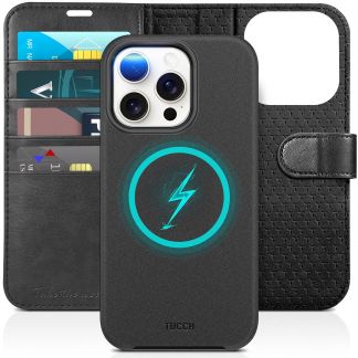 TUCCH iPhone 15 Pro Magnetic Detachable Wallet Case, iPhone 15 Pro Leather Flip Case 2IN1 - Black