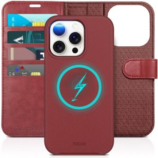 TUCCH iPhone 15 Pro Magnetic Detachable Wallet Case, iPhone 15 Pro Leather Flip Case 2IN1 - Dark Red