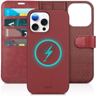 TUCCH iPhone 15 Pro Max Magnetic Detachable Wallet Case, iPhone 15 Pro Max Leather Case 2IN1 - Dark Red