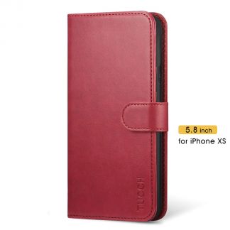 TUCCH iPhone XS Wallet Case Folio Style Kickstand With Magnetic Strap-Dark Red