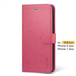 TUCCH iPhone 7/8 Plus Wallet Case Folio Style Kickstand With Magnetic Strap-Hot Pink