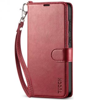 TUCCH Samsung A55 Wallet Case, Samsung Galaxy A55 5G PU Leather Case Flip Cover, Stand With RFID Blocking And Magnetic Closure - Dark Red Strap