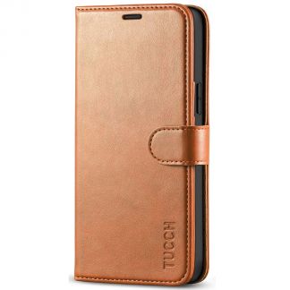 TUCCH iPhone 12 6.1-Inch Wallet Case, iPhone 12 Pro Folio Flip Kickstand With Magnetic Clasp-Light Brown