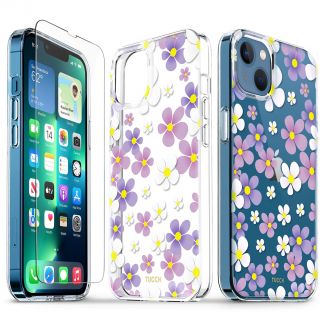 TUCCH iPhone 13 Clear Case, iPhone 13 TPU Case with Glass Screen Protector - Pink Purple Flowers