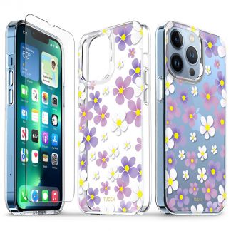 TUCCH iPhone 13 Pro Clear Case, iPhone 13 Pro 5G TPU Case with Glass Screen Protector Crystal Clear Case - Pink Purple Flowers