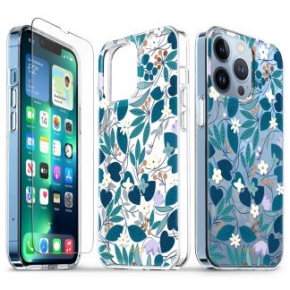 TUCCH iPhone 13 Pro Clear Case, iPhone 13 Pro 5G TPU Case with Glass Screen Protector Crystal Clear Case - Blue Flowers Leaves