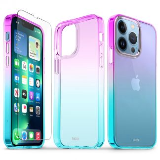 TUCCH iPhone 13 Pro Clear Case, iPhone 13 Pro 5G TPU Case with Glass Screen Protector Crystal Clear Case Gradient - Purple &amp;amp; Blue