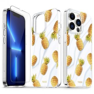 TUCCH iPhone 13 Pro Clear Case, iPhone 13 Pro 5G TPU Case with Glass Screen Protector, Scratchproof Shockproof Slim Crystal Clear Case - Marble Pineapples