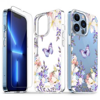 TUCCH iPhone 13 Pro Clear Case, iPhone 13 Pro 5G TPU Case with Glass Screen Protector, Scratchproof Shockproof Slim Crystal Clear Case - Purple Lilac Flower