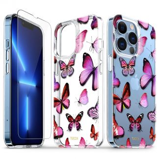 TUCCH iPhone 13 Pro Clear Case, iPhone 13 Pro 5G TPU Case with Glass Screen Protector, Scratchproof Shockproof Slim Crystal Clear Case - Red Butterfly