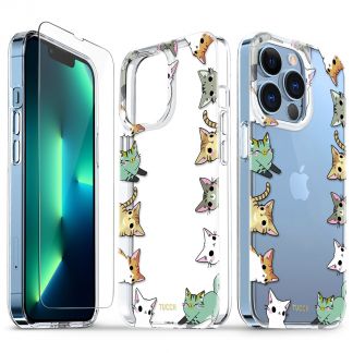 TUCCH iPhone 13 Pro Clear Case, iPhone 13 Pro 5G TPU Case with Glass Screen Protector, Scratchproof Shockproof Slim Crystal Clear Case - Cute Cats