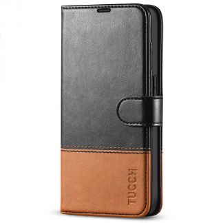 TUCCH iPhone 14 Pro Wallet Case, iPhone 14 Pro Book Folio Flip Kickstand Cover With Magnetic Clasp-Black &amp; Brown