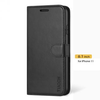 TUCCH iPhone 11 Leather Wallet Case Folio Flip Kickstand With Magnetic Clasp-Black