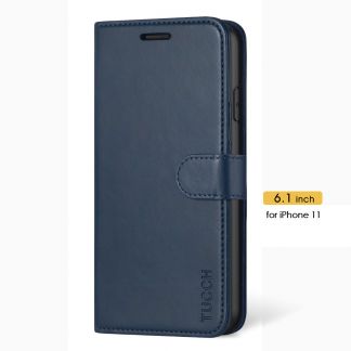 TUCCH iPhone 11 Leather Wallet Case Folio Flip Kickstand With Magnetic Clasp-Blue