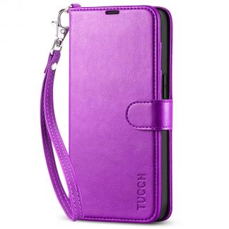 TUCCH iPhone 14 Wallet Case, iPhone 14 Book Folio Flip Kickstand PU Leather Cover With Magnetic Clasp-Strap - Purple