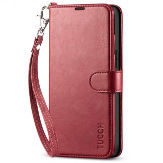 TUCCH iPhone 14 Pro Wallet Case, iPhone 14 Pro Book Folio Flip Kickstand Cover With Magnetic Clasp-Strap - Dark Red