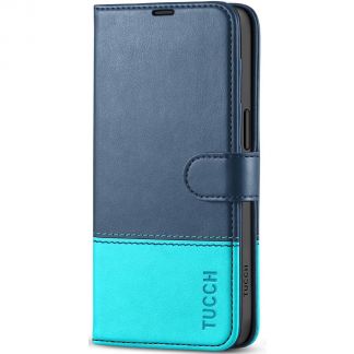TUCCH iPhone 15 Leather Wallet Case, iPhone 15 Flip Case with Magnetic Clasp - Blue&Lake Blue