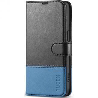 TUCCH iPhone 15 Leather Wallet Case, iPhone 15 Flip Case with Magnetic Clasp - Black&Light Blue