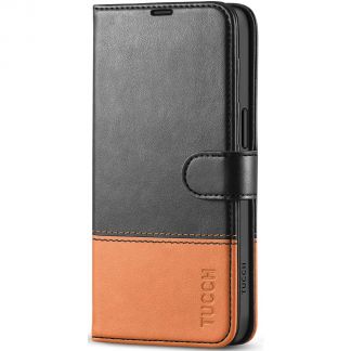 TUCCH iPhone 15 Leather Wallet Case, iPhone 15 Flip Case with Magnetic Clasp - Black&Brown