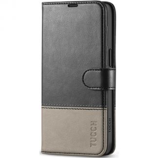 TUCCH iPhone 15 Leather Wallet Case, iPhone 15 Flip Case with Magnetic Clasp - Black&Grey