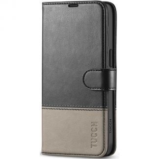 TUCCH iPhone 15 Leather Wallet Case, iPhone 15 Flip Case with Magnetic Clasp - Black&amp;amp;Grey