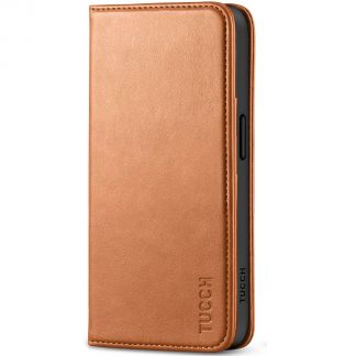 TUCCH iPhone 15 Wallet Case - Regular iPhone 15 Folio Leather Case With Magnetic Closure - Light Brown
