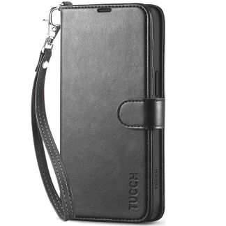 TUCCH iPhone 15 Leather Wallet Case, iPhone 15 Flip Case with Magnetic Clasp - Wristlet Black