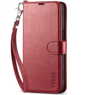 TUCCH iPhone 15 Leather Wallet Case, iPhone 15 Flip Case with Magnetic Clasp - Wristlet Dark Red