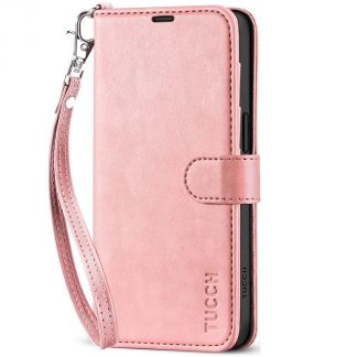 TUCCH iPhone 15 Leather Wallet Case, iPhone 15 Flip Case with Magnetic Clasp - Wristlet Rose Gold