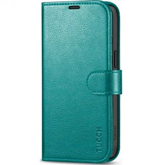 TUCCH iPhone 15 Pro Max Wallet Case, iPhone 15 Pro Max Leather Case Magnetic Closure with Card Slots - Full Grain Cyan