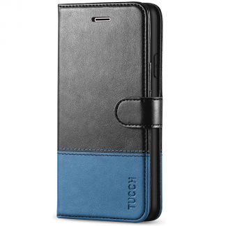 TUCCH iPhone 7/8 Wallet Case, iPhone SE 2nd 2020/iPhone SE 3Gen. 2022 Leather Cover, Folio Style Kickstand With Magnetic Strap-Black&amp;Light Blue