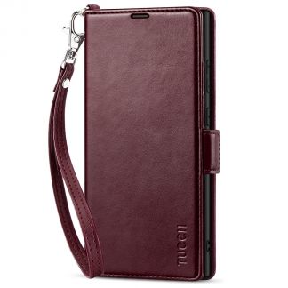 TUCCH Samsung S23 Ultra Wallet Case, Samsung Galaxy S23 Ultra 5G Flip Leather Cover-Wrist Strap - Wine Red