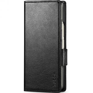 TUCCH SAMSUNG Galaxy Z Fold6 5G Foldable Leahter Wallet Case With S Pen Slot - Full Grain Black
