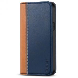 TUCCH iPhone 14 Wallet Case - iPhone 14 Flip Cover With Magnetic Closure-Dark Blue &amp;amp; Brown