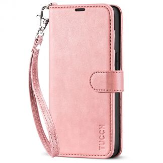 TUCCH iPhone 14 Wallet Case, iPhone 14 Book Folio Flip Kickstand PU Leather Cover With Magnetic Clasp-Strap - Rose Gold