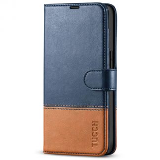 TUCCH IPhone 14 Wallet Case, IPhone 14 Book Folio Flip Kickstand Cover With Magnetic Clasp-Dark Blue &amp;amp;amp;amp; Brown