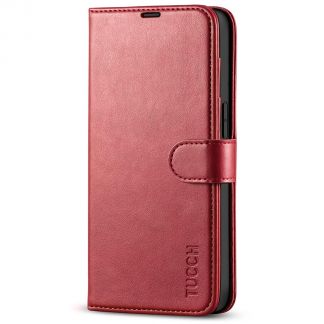 TUCCH IPhone 14 Wallet Case, IPhone 14 Book Folio Flip Kickstand Cover With Magnetic Clasp-Dark Red